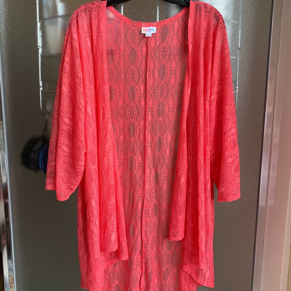 LuLaRoe Lindsey Kimono lace coral pink nwot L